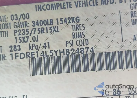 2000 Ford E-150 Recreational из США, поврежденный, VIN 1FDRE14L5YHB24874